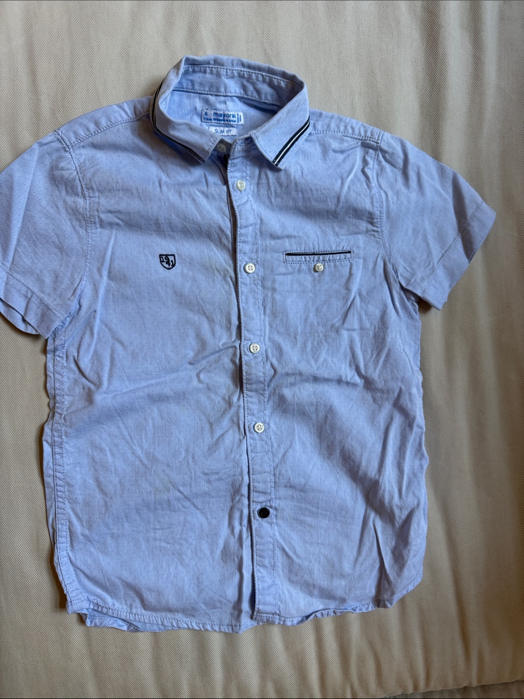 Mayoral Light Blue Short-Sleeve Button-Down Shirt With Navy Trim